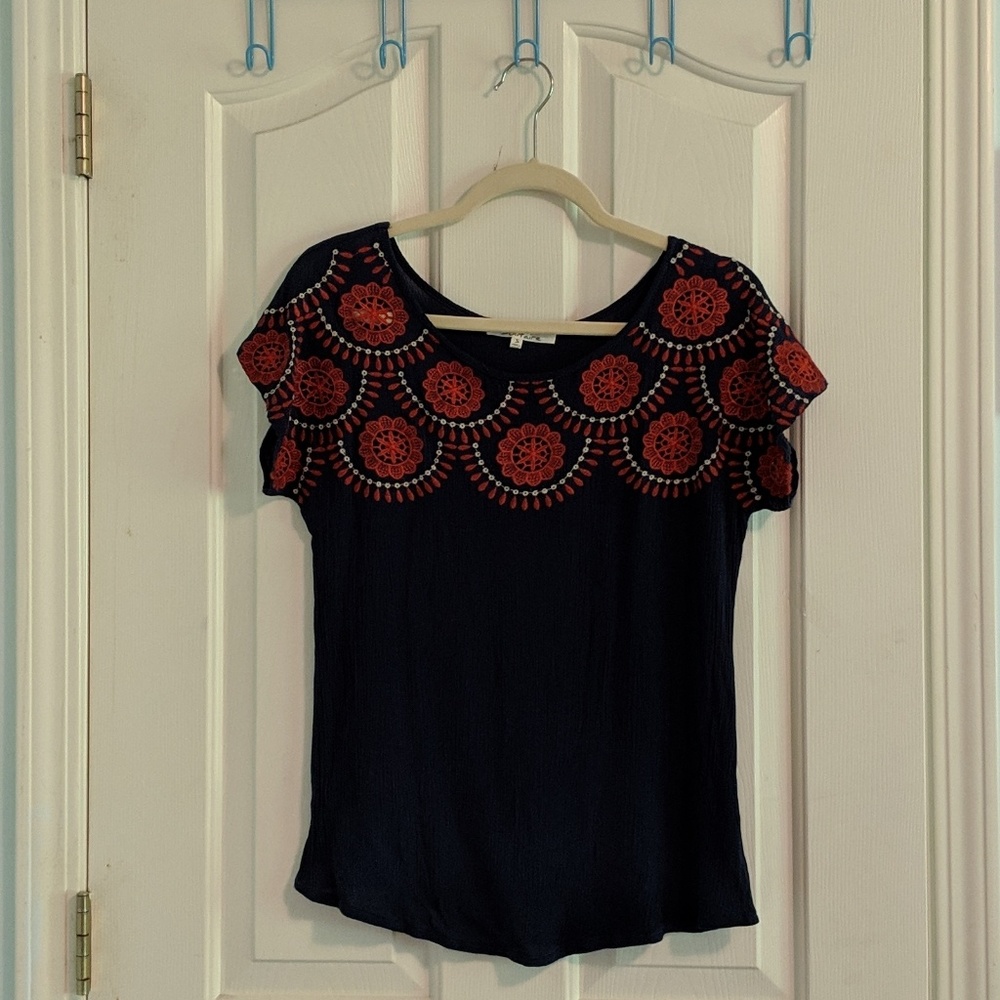 Navy Blue Embroidered Top